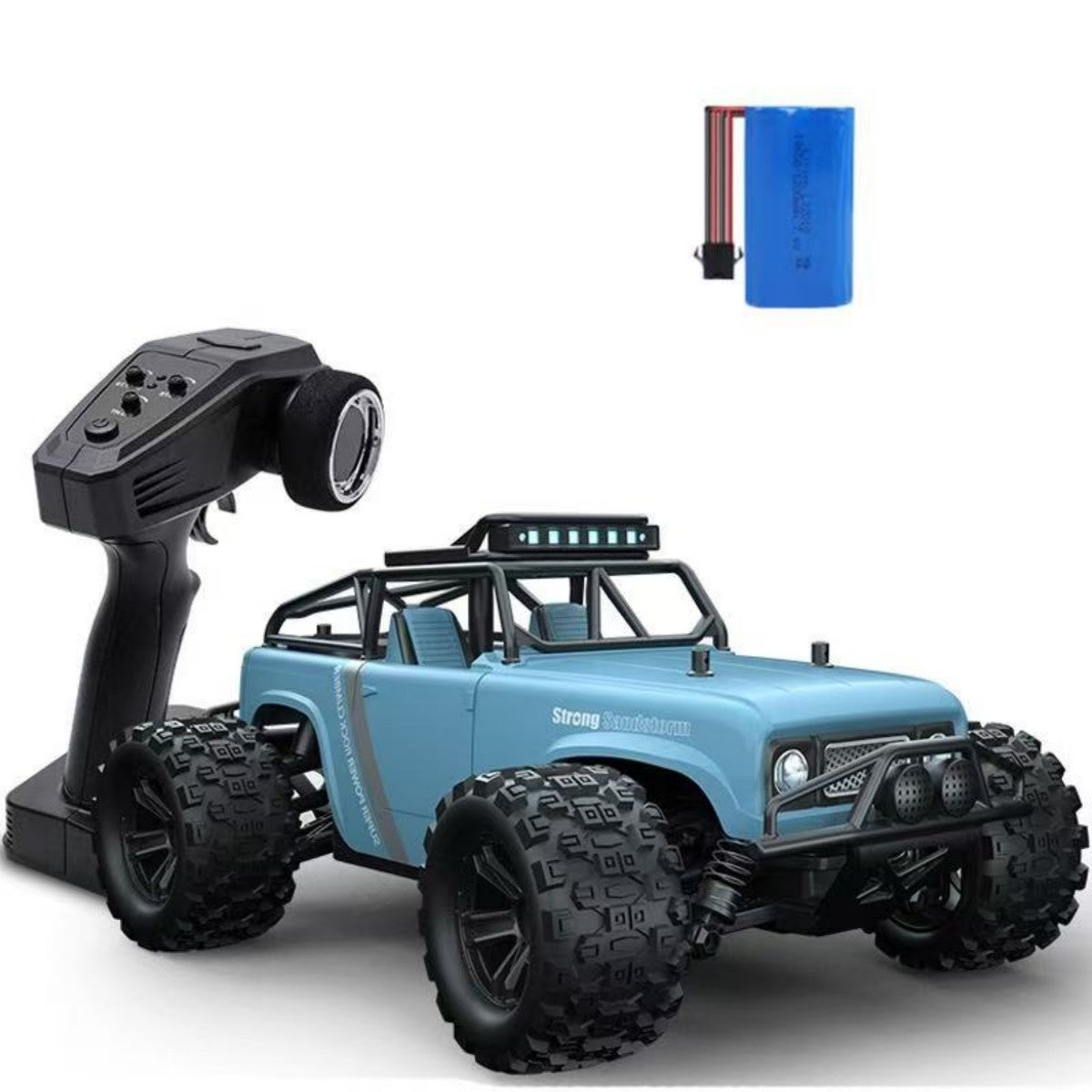WBRC 1813 1:18 Scale 2.4G 4WD High Speed RC Monster Truck in blue with remote control and battery pack, ideal for off-road racing fun.